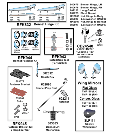 Body Fittings, Bonnet Area, TR2-TR3-TR3A