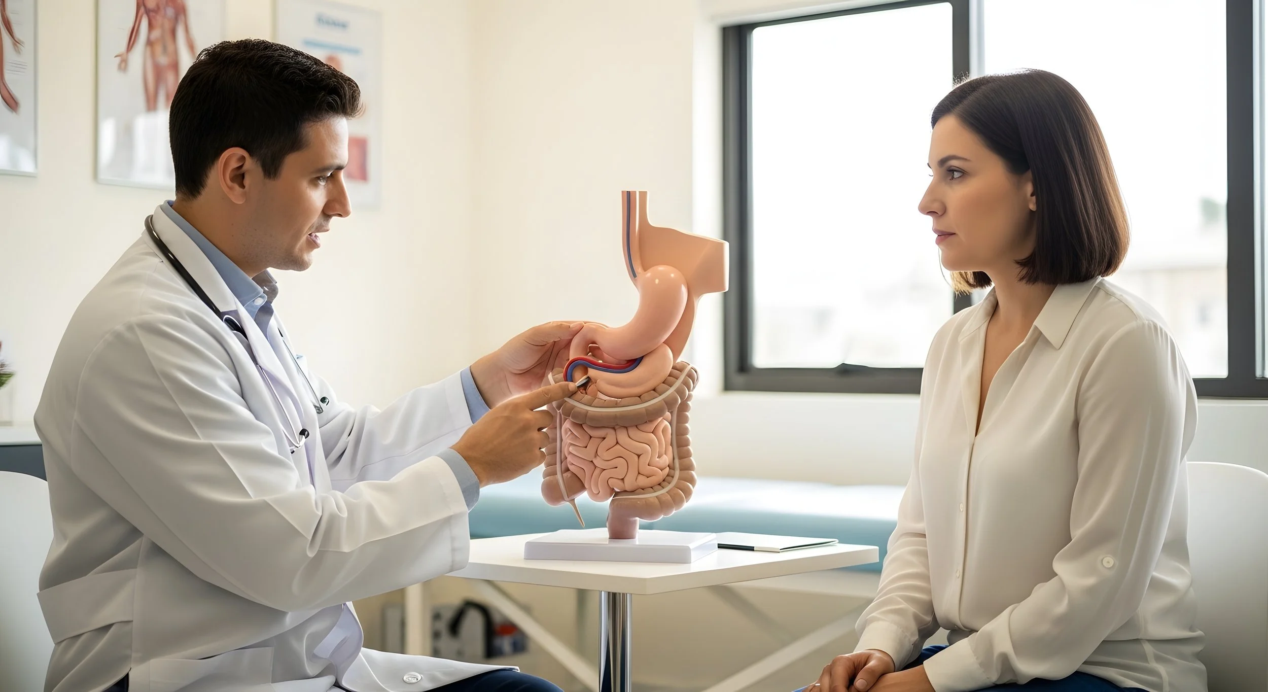 A doctor explaining the digestive system to a patient in the clinic