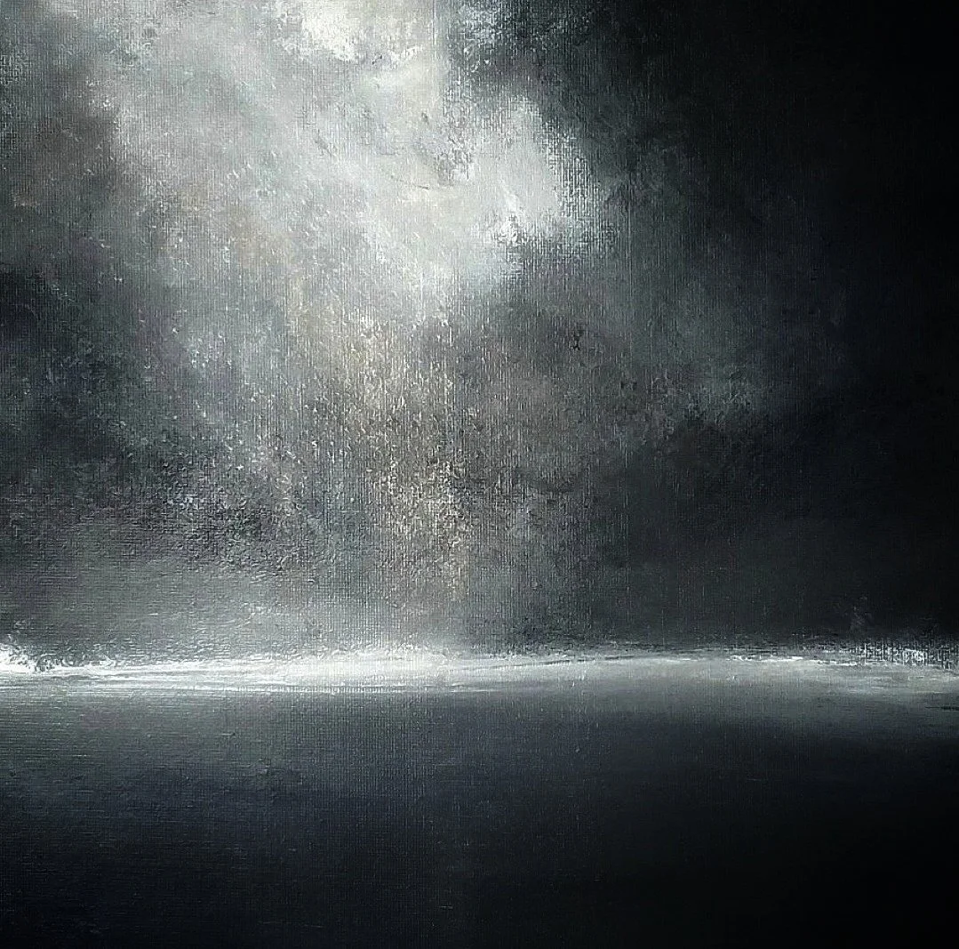 Painting of stormy sky over ocean.