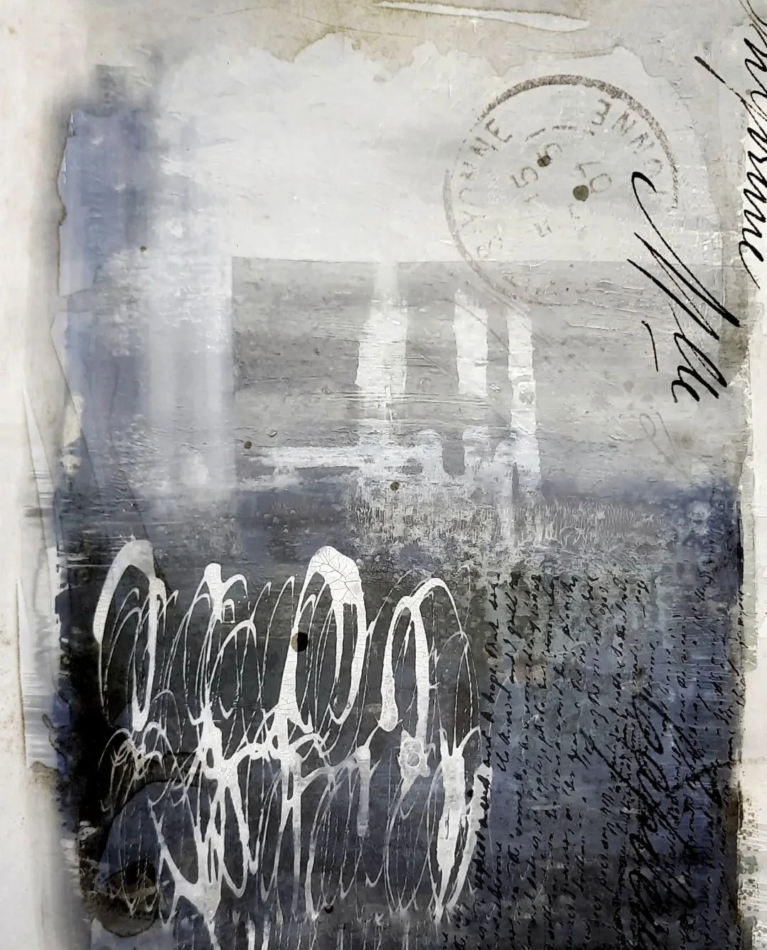 Mixed media collage of message in a bottle.