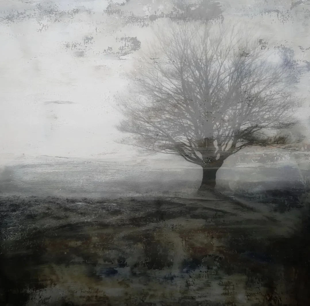 Mixed media of open field and lone tree.