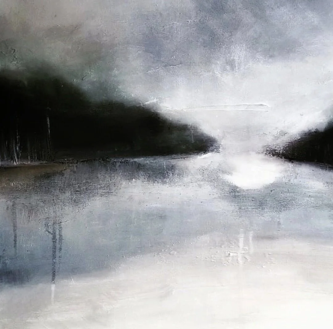 Winter painting of ice on pond.