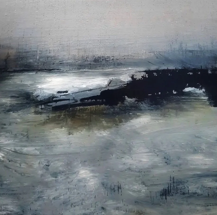 Painting of bridge over bay.