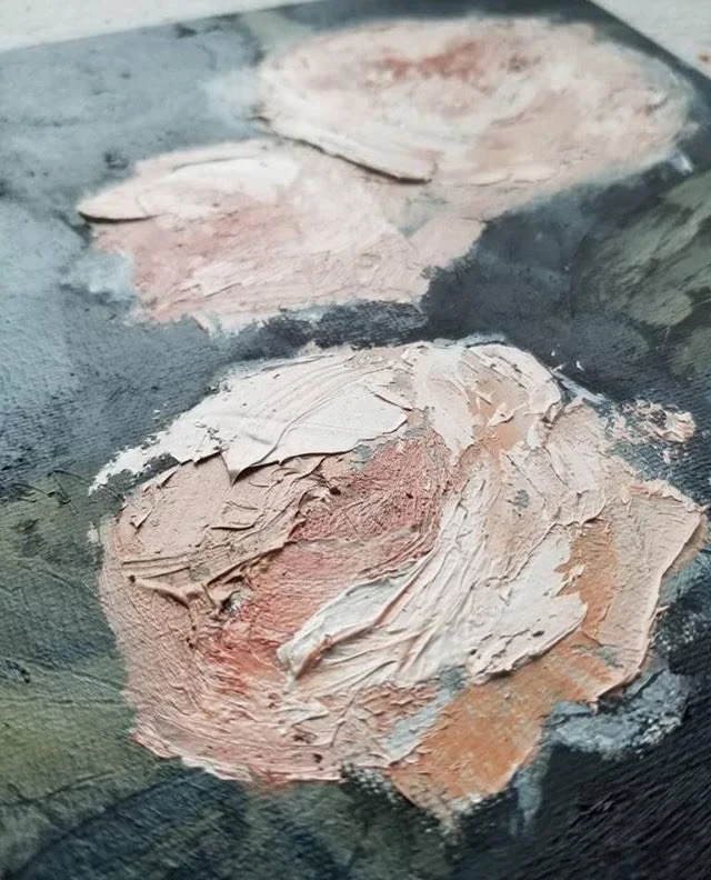 Oil painting of blush coloured roses.