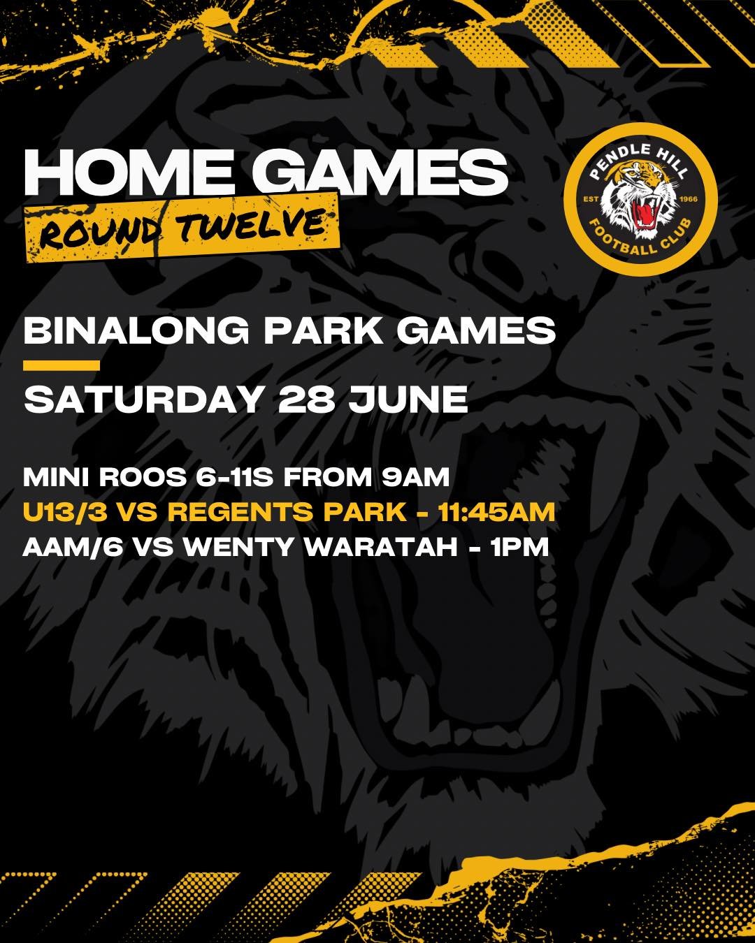 While home games are limited this week at Binalong Park, there&rsquo;s still action to catch!

Come down and support our Mini Roos, followed by two competitive matchups:

U13/3 vs Regents Park &ndash; 11:45am
AAM/6 vs Wenty Waratahs &ndash; 1:00pm

L