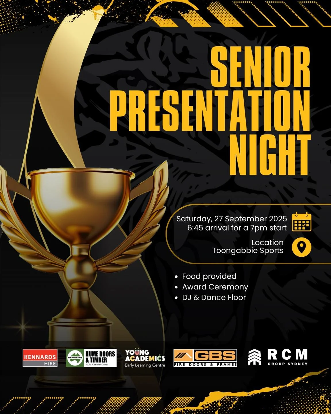 🎉 Senior Presentation Night 🎉

Join us this Saturday from 6:45 pm at Toongabbie Sports Club as we celebrate an incredible season! 🏆

✅ Golden Boot
✅ Player of the Year
✅ Golden Glove
✅ Delicious food provided
✅ DJ &amp; dance floor to keep the par