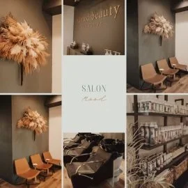 Collage of salon interior with dried floral arrangements, leather chairs, hair washing stations, and shelves with beauty products.