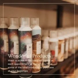 Hair products on a shelf in a salon with text promoting purchase options.