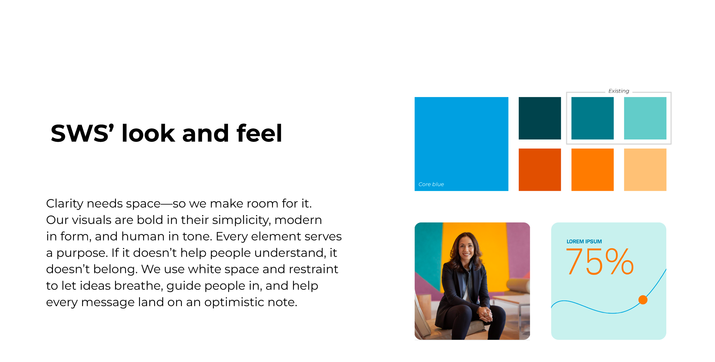 A presentation slide titled "SWS' look and feel" with text discussing minimalism, space, and human tone, featuring color swatches, a photo of a woman smiling, and a chart showing 75% progress.