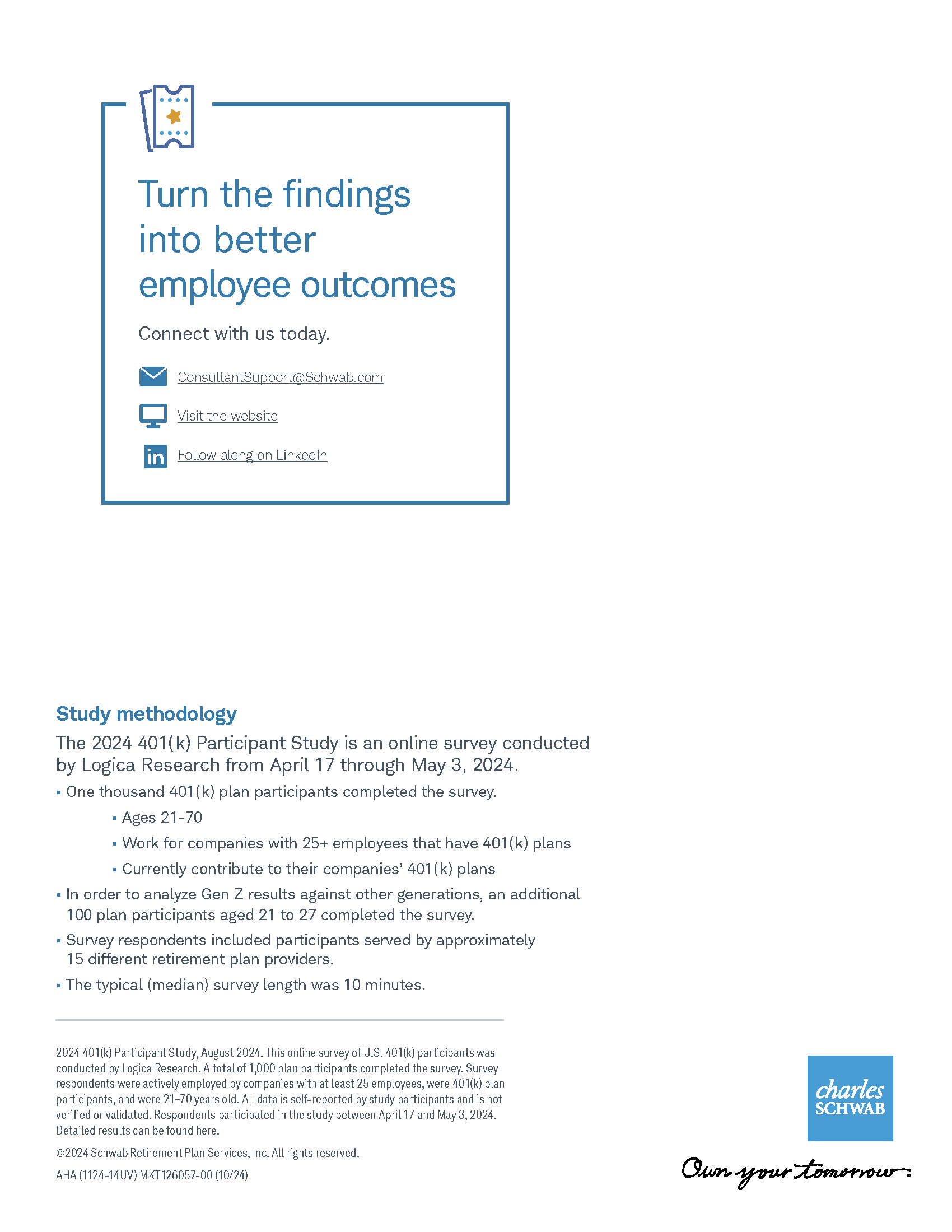 Flyer for improving employee outcomes through study methodology, contact info, and Charles Schwab logo.