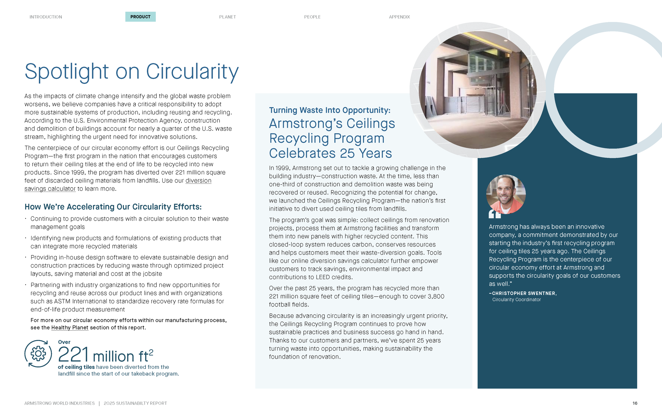 Page from a report featuring a heading 'Spotlight on Circularity' and text about Armstrong's ceiling recycling program celebrating 25 years, with an inset photo of a person's portrait and a quote about innovation and sustainability.