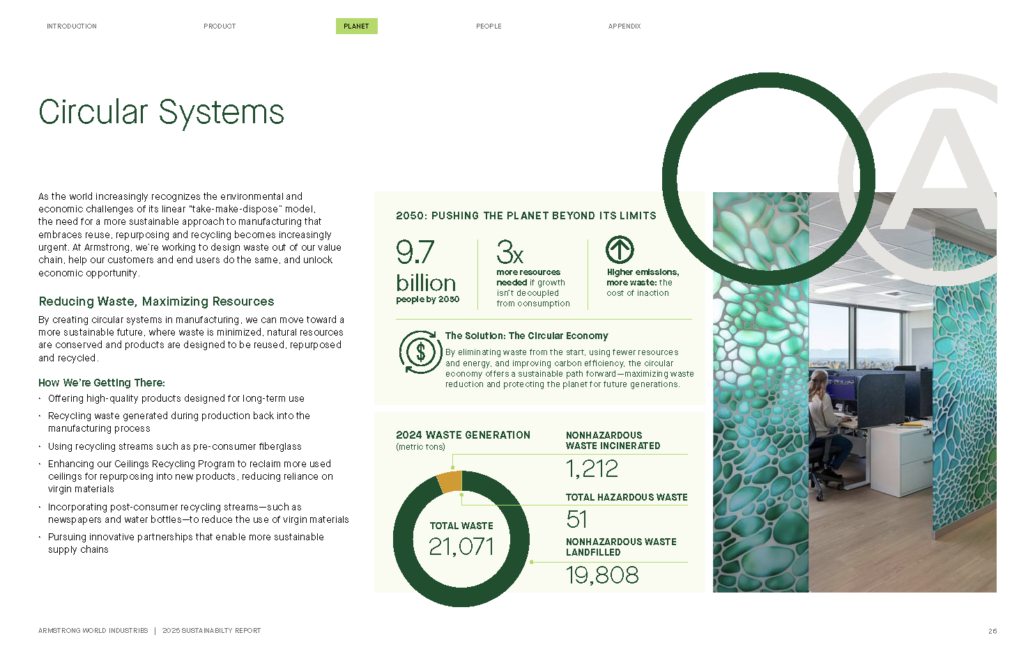 A digital information page about circular systems in sustainability, featuring text, statistics, and a photo of an office interior with decorative teal pebble-patterned walls and a person working at a desk.