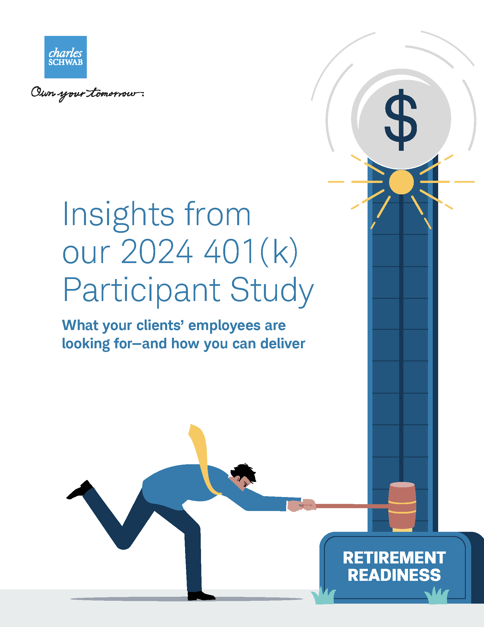 Cover page of a report titled "Insights from our 2024 401(k) Participant Study" with a cartoon person pulling on a plunger connected to a large gauge labeled "Retirement Readiness" and a dollar sign at the top.