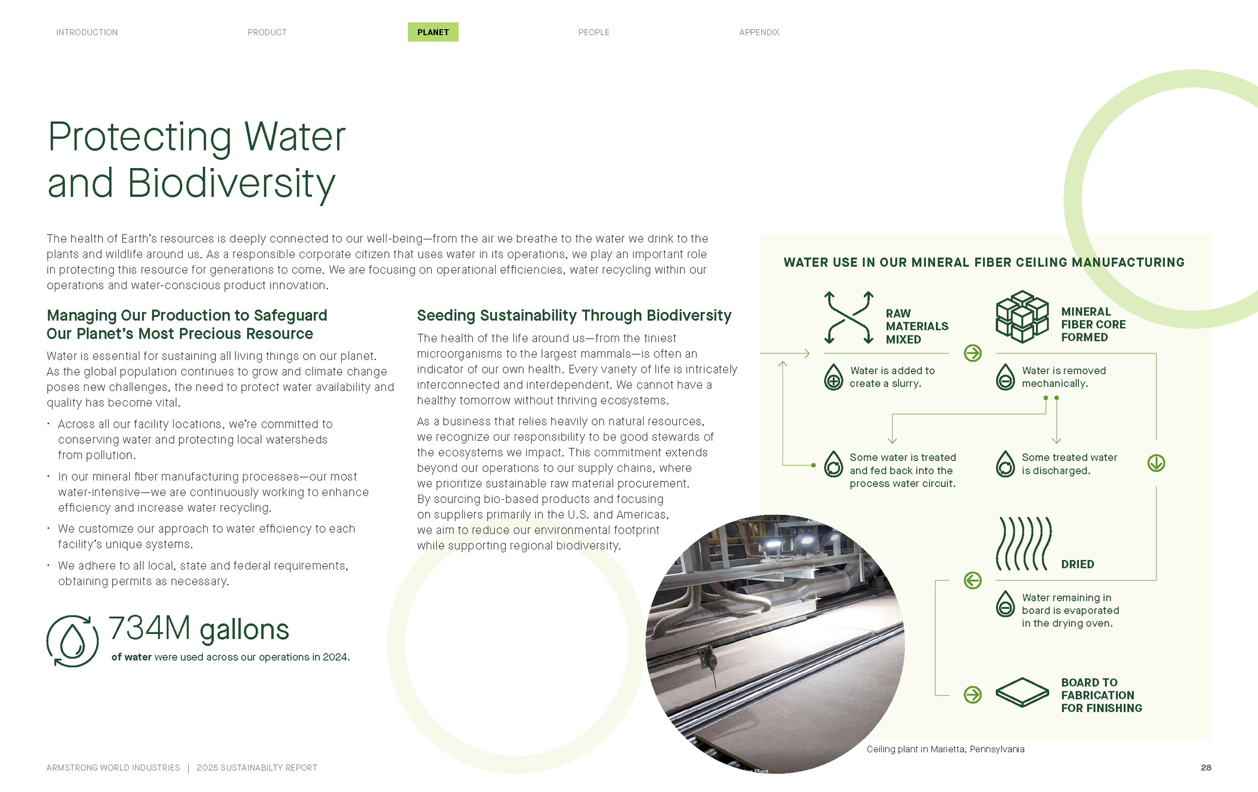Page from a sustainability report discussing water conservation and biodiversity, featuring a diagram of water use in mineral fiber ceiling manufacturing with steps including water adding to create a slurry, some water is treated and discharged, rema