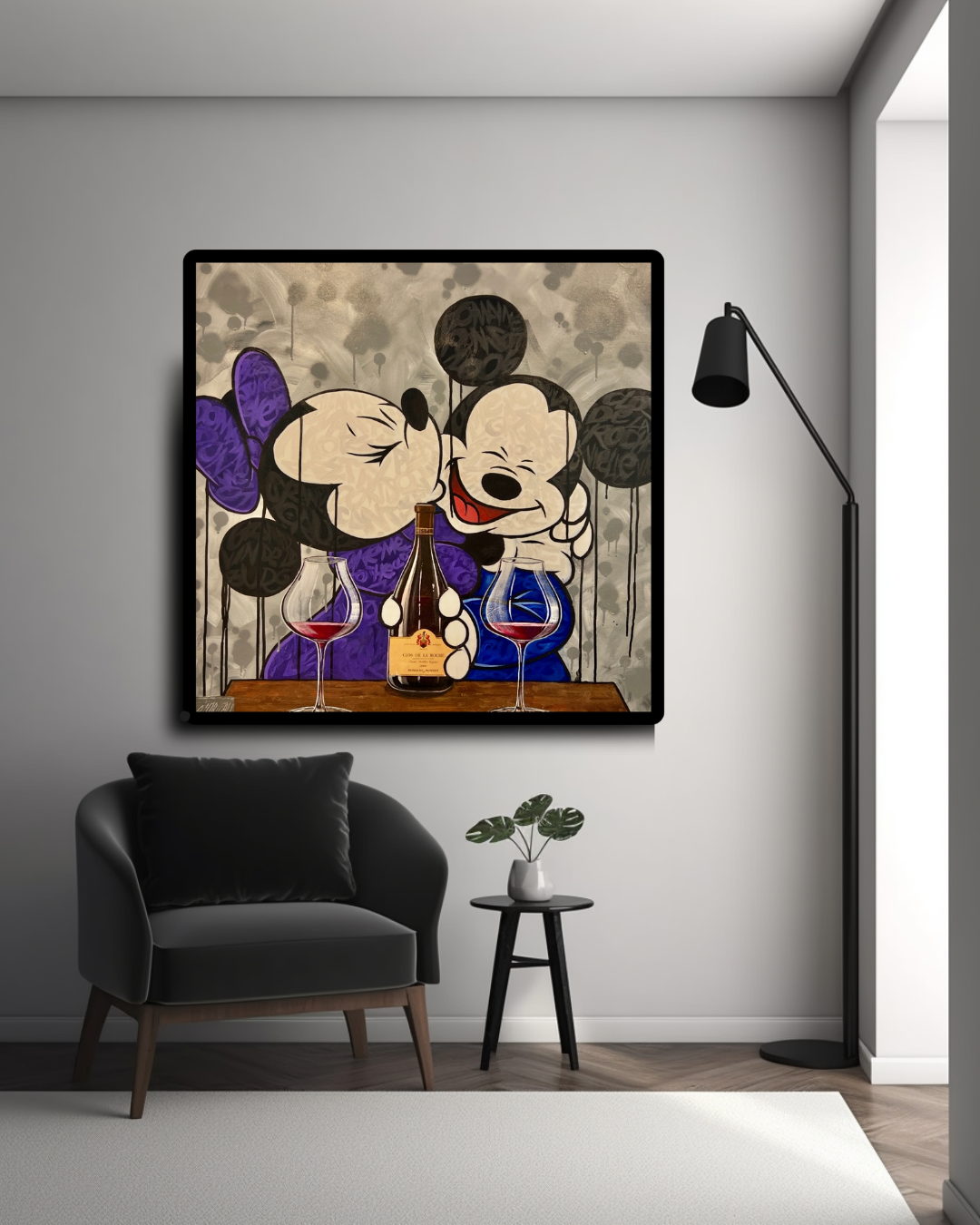Alex Lorieau painting of Mickey and Minnie enjoying some fine wine, Clos de la Roche Laurent Ponsot pictured on a living room wall. 