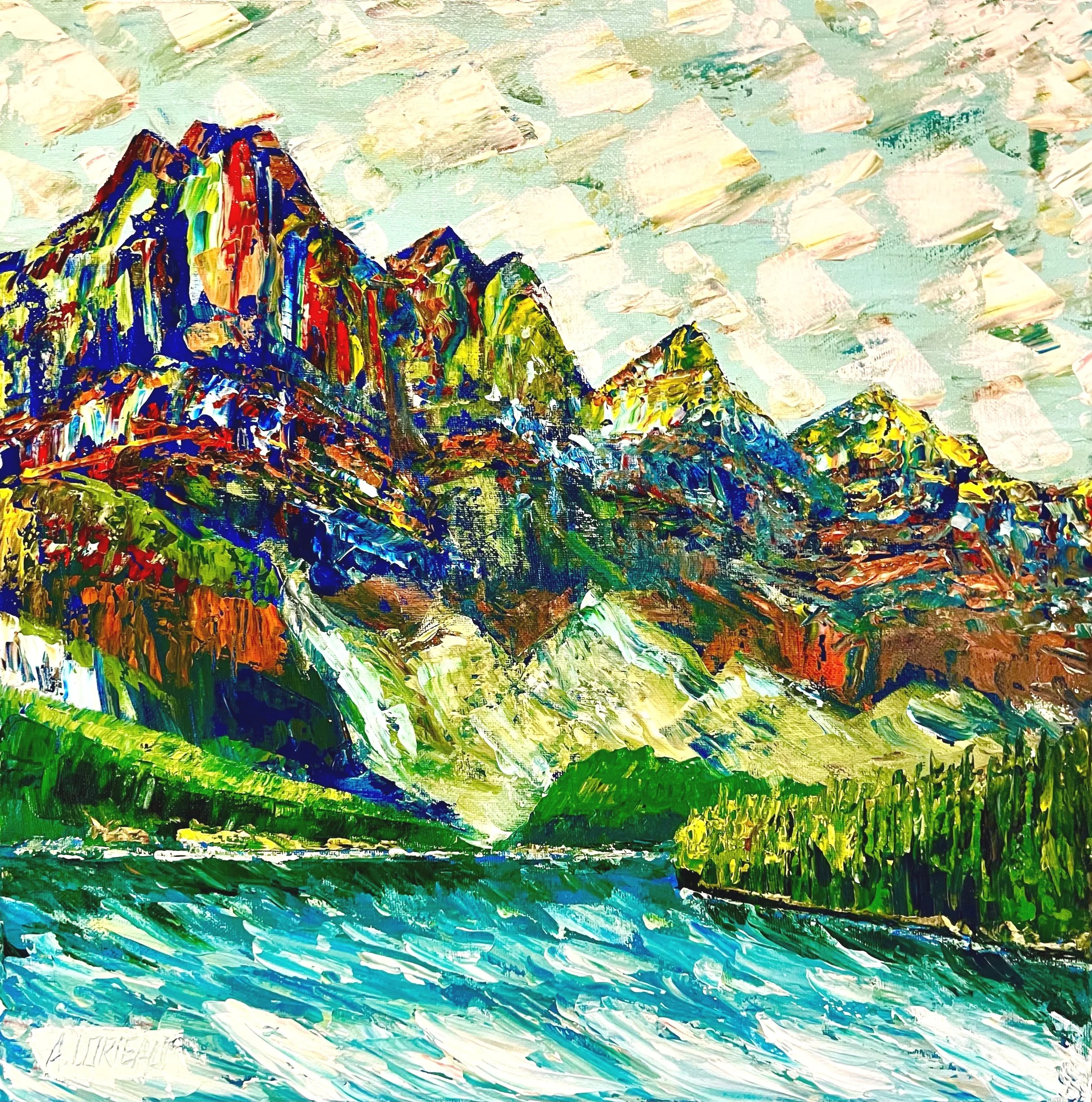 Small cropped Ten Peaks & Morraine Lake Banff Alberta landscape painting by Alex Lorieau