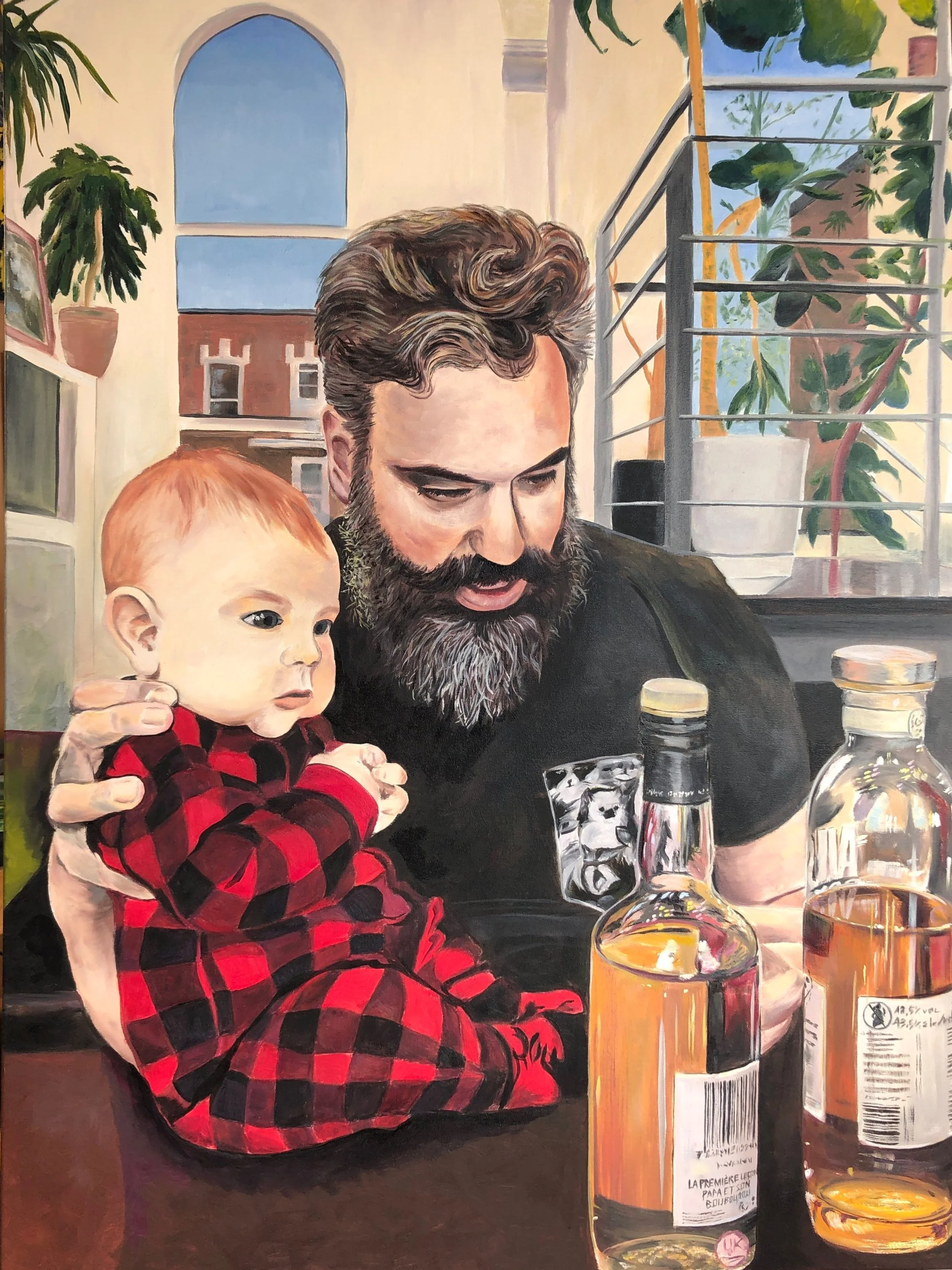 A painting of a bearded father showing and describing scotch varieties to his baby son in the kitchen.