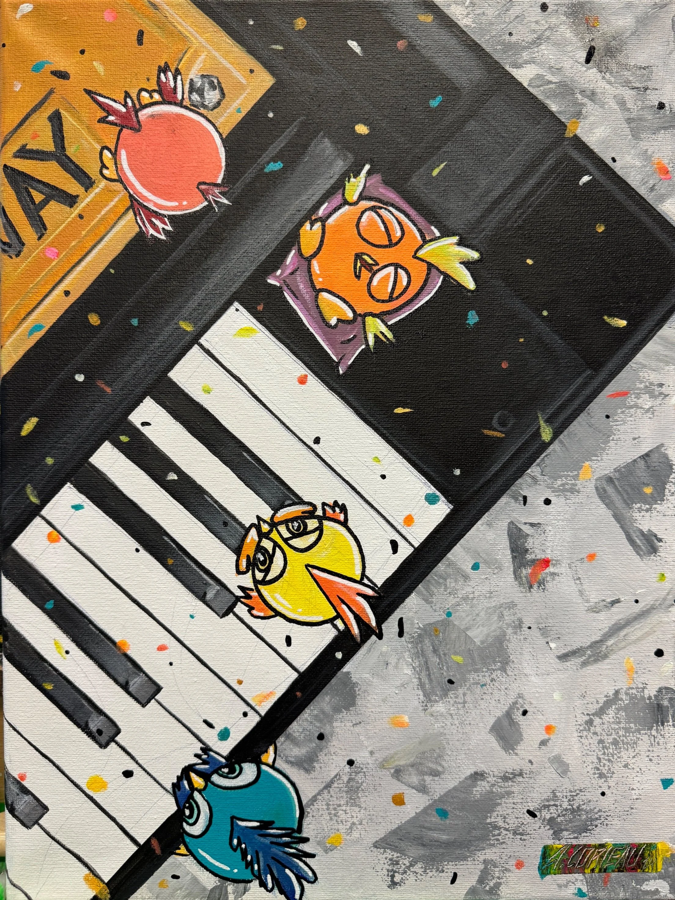 Alex Lorieau painting of baby birds playing around a piano