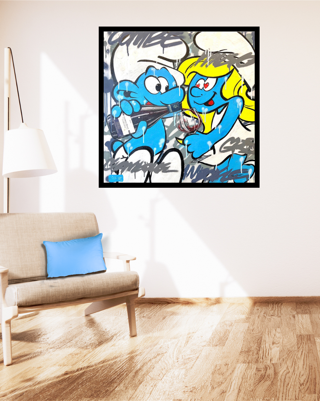 Alex Lorieau Wine Series painting of Smurfs enjoying wine pictured on a light neutral wall.