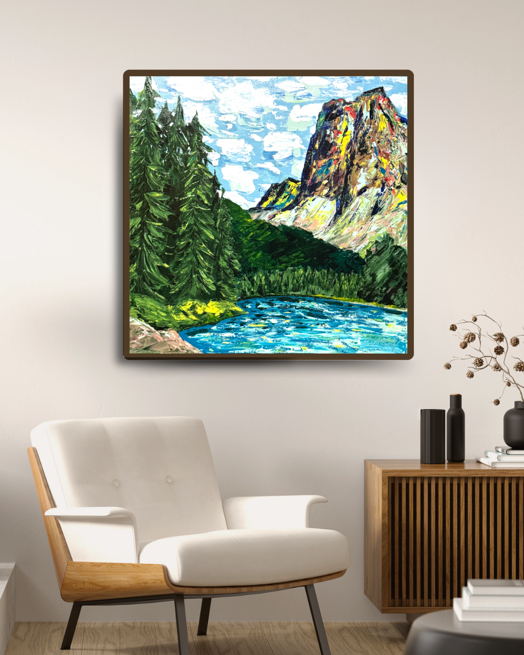 Alex Lorieau painting of Alberta Lake and Mountains, Canadian landscape. 