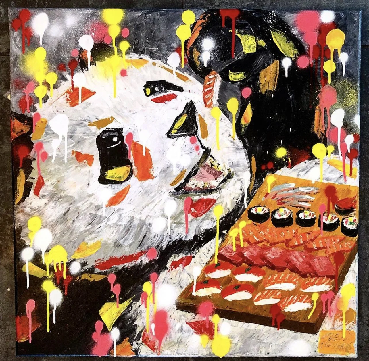 A painting of a panda eating sushi by Alex lorieau