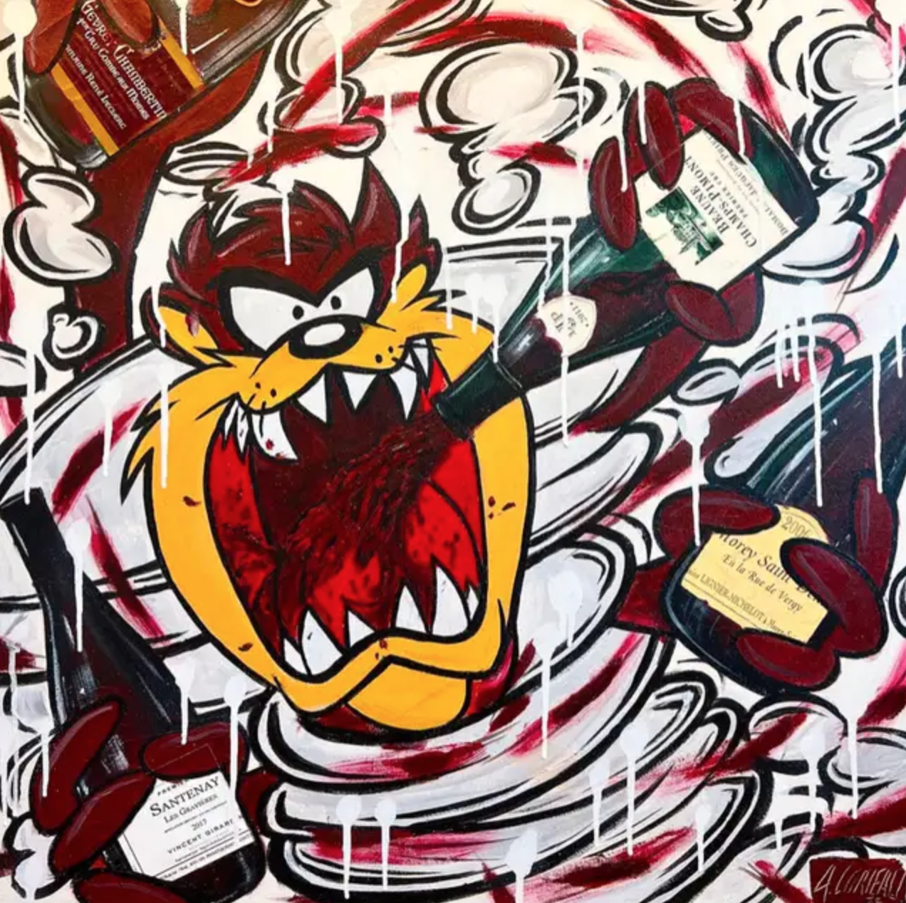 Alex Lorieau painting of Tazmanian devil drinking wine from the bottle in a tornado of burgundy wines.