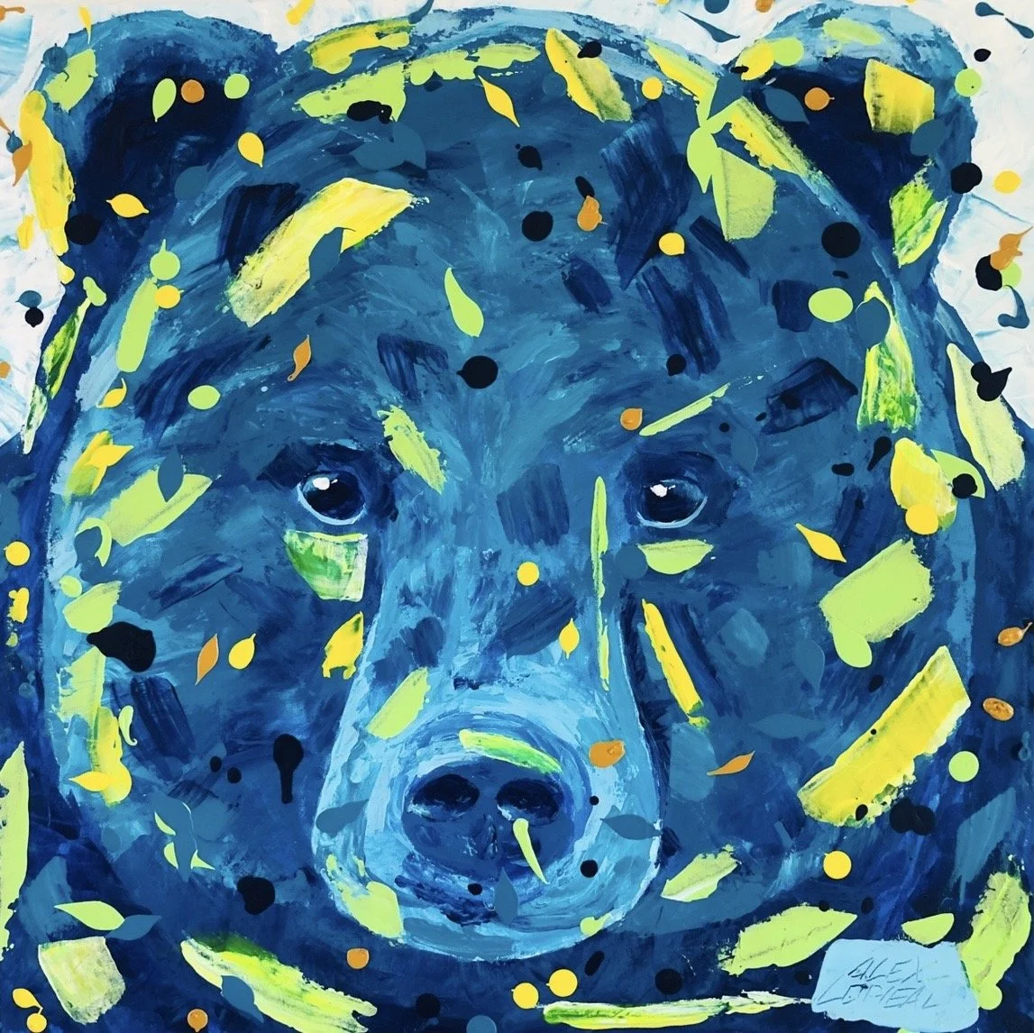 painting of a Blue Bear with colourful highlights by Alex lorieau