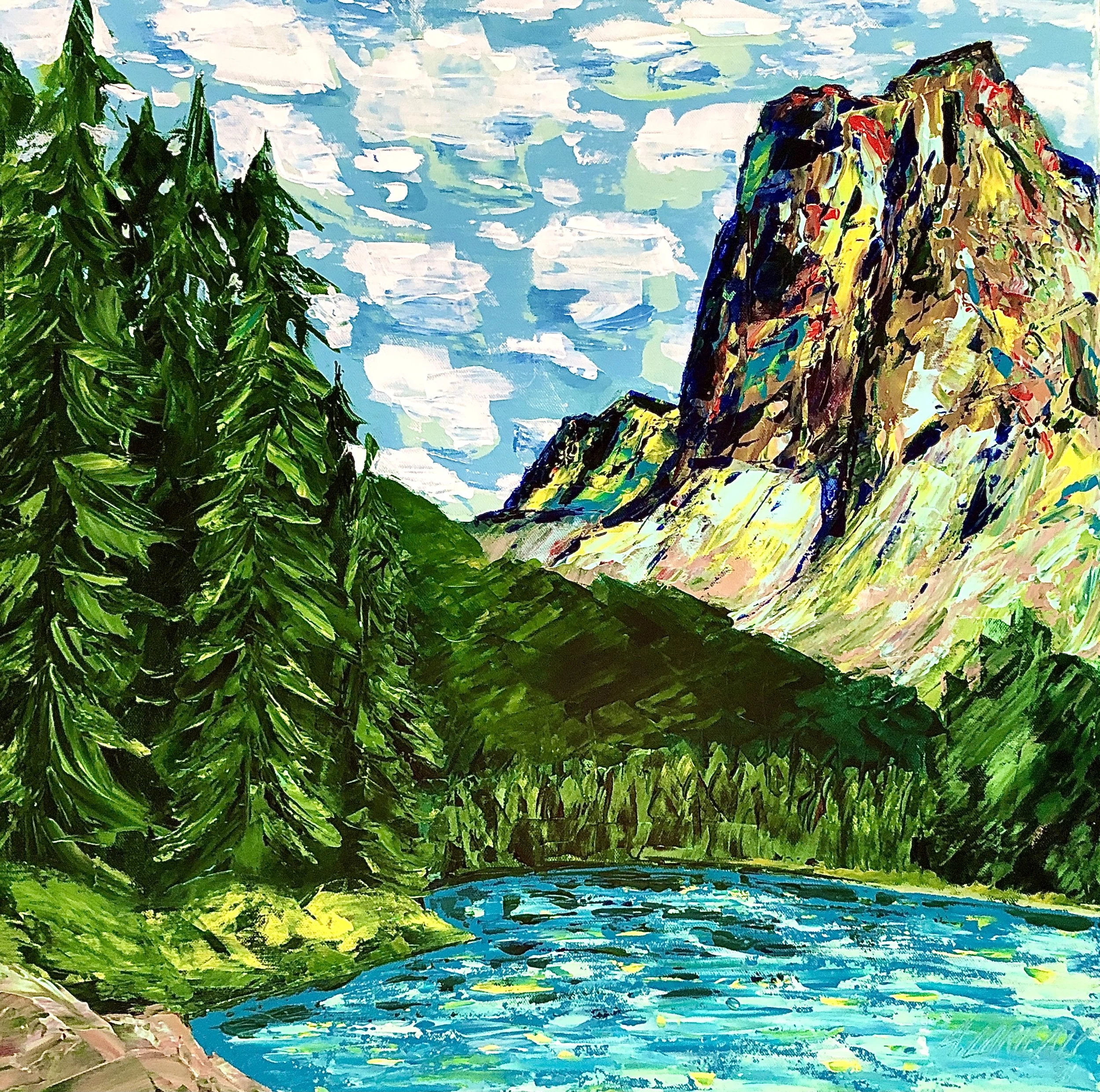 BC mountain and lake landscape painting by Alex Lorieau