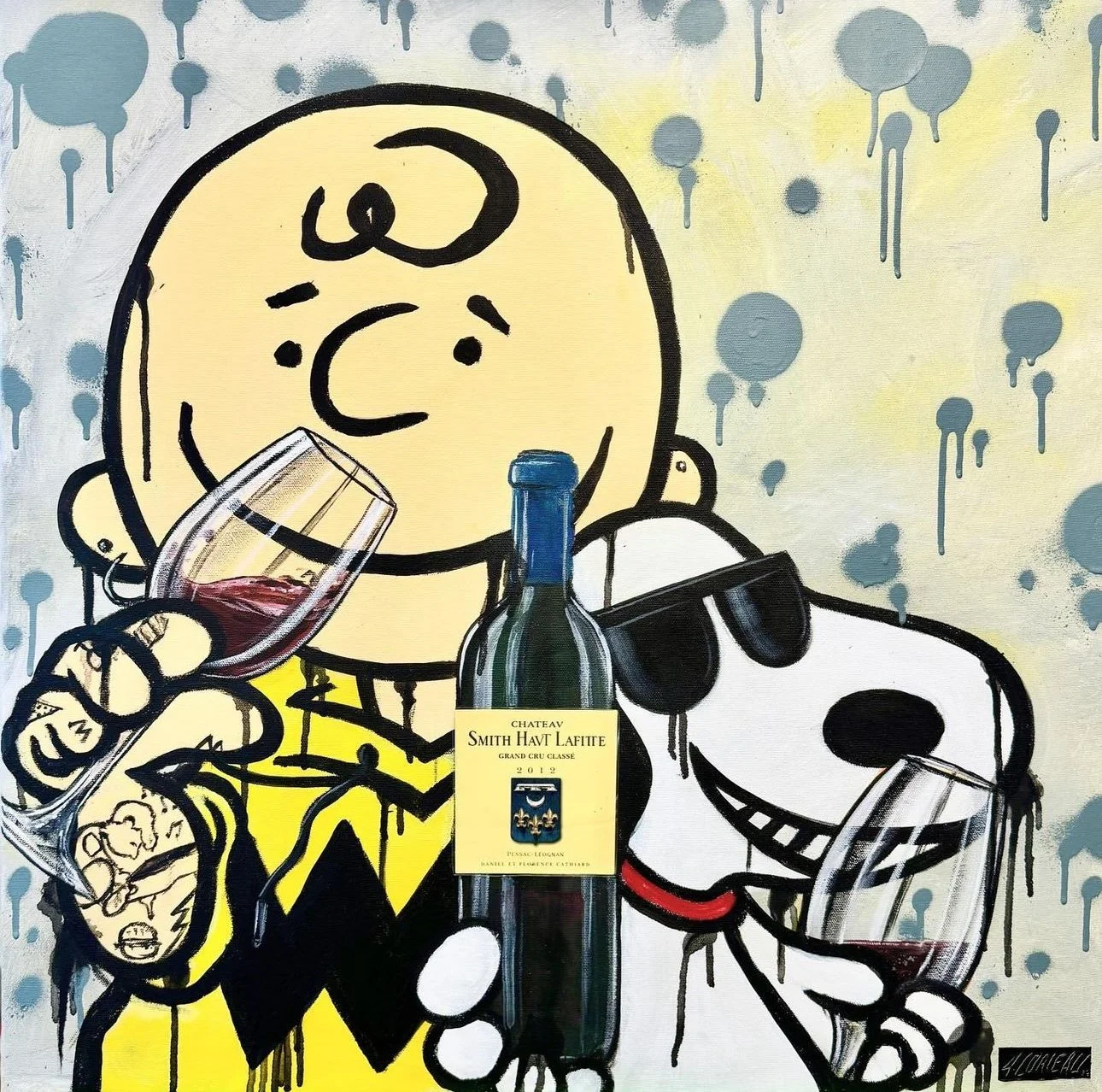 Alex Lorieau painting of Charlie brown and Snoopy enjoying a Chateau Smith Haut Lafite red bordeaux wine. 