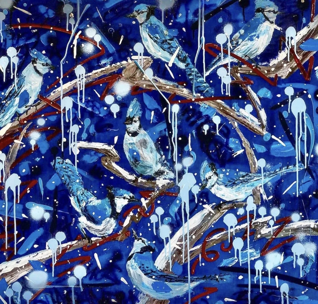 A painting of blue jay birds in a branch with blue background by artist Alex lorieau