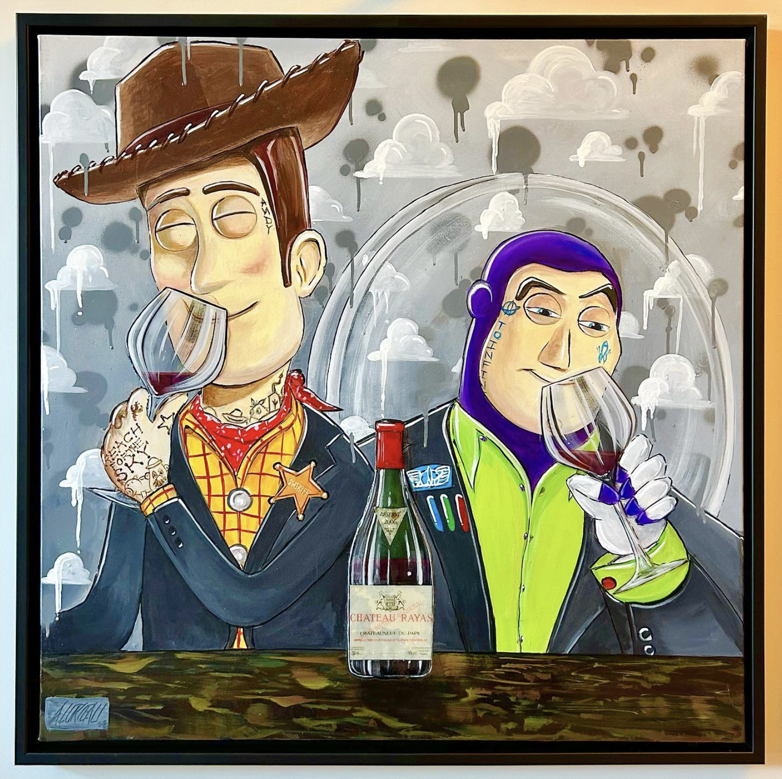 Alex Lorieau painting of Toy Story characters  Woody and Buzz lightyear enjoying a Chateau Rayas wine.