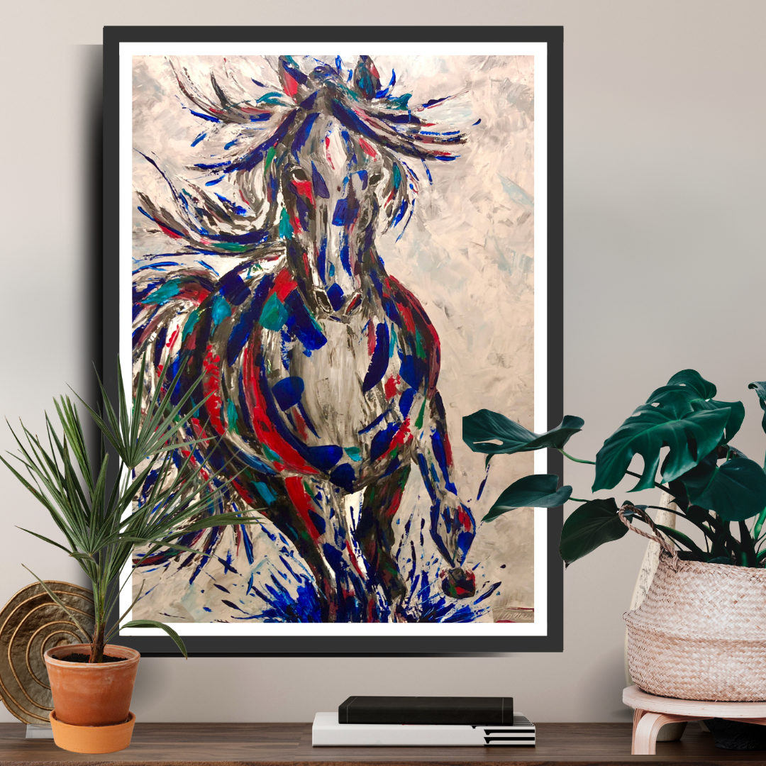Running Horse painting by Alex Lorieau in frame on wall