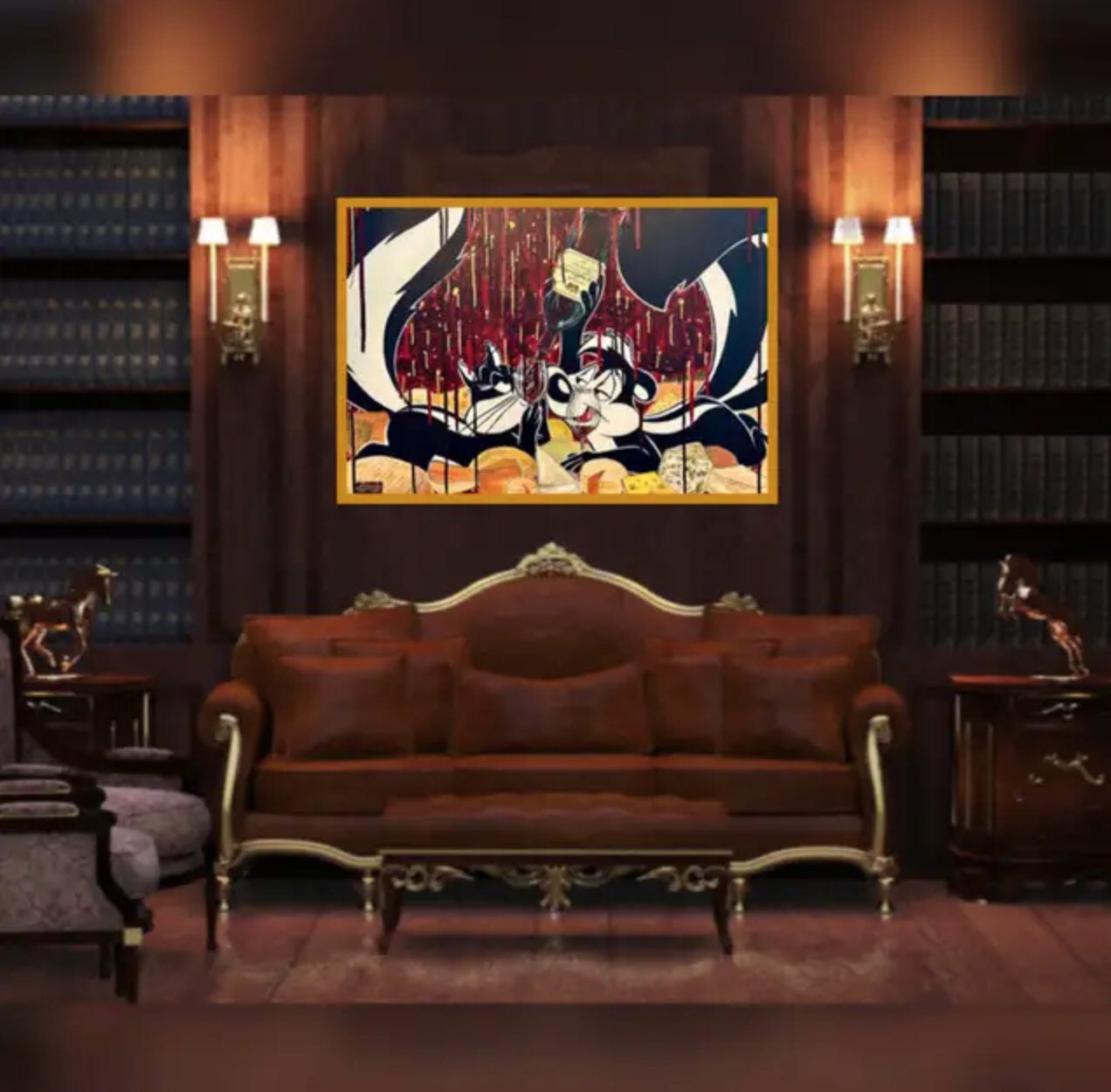 Dark Living room with a Alex Lorieau Painting of Pepe le pew is serving his guest a fine margaux Bordeaxu wine, and is surrounded by cheeses with a burgundy background. Wine label is