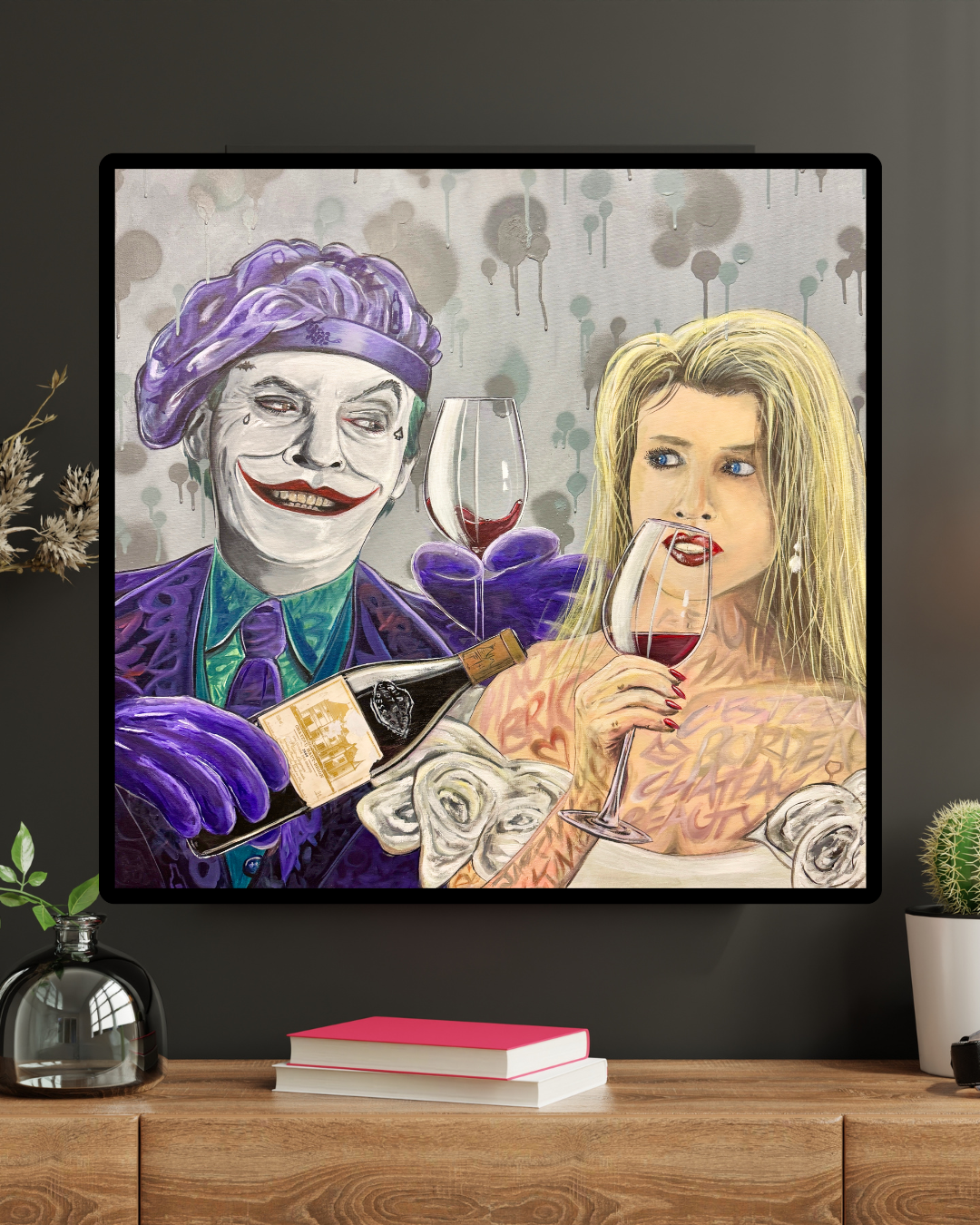 Alex Lorieau painting of Jack Nicholson's Joker & Kim Basinger enjoying an Haut Brion Bordeaux red wine pictured on wall. 