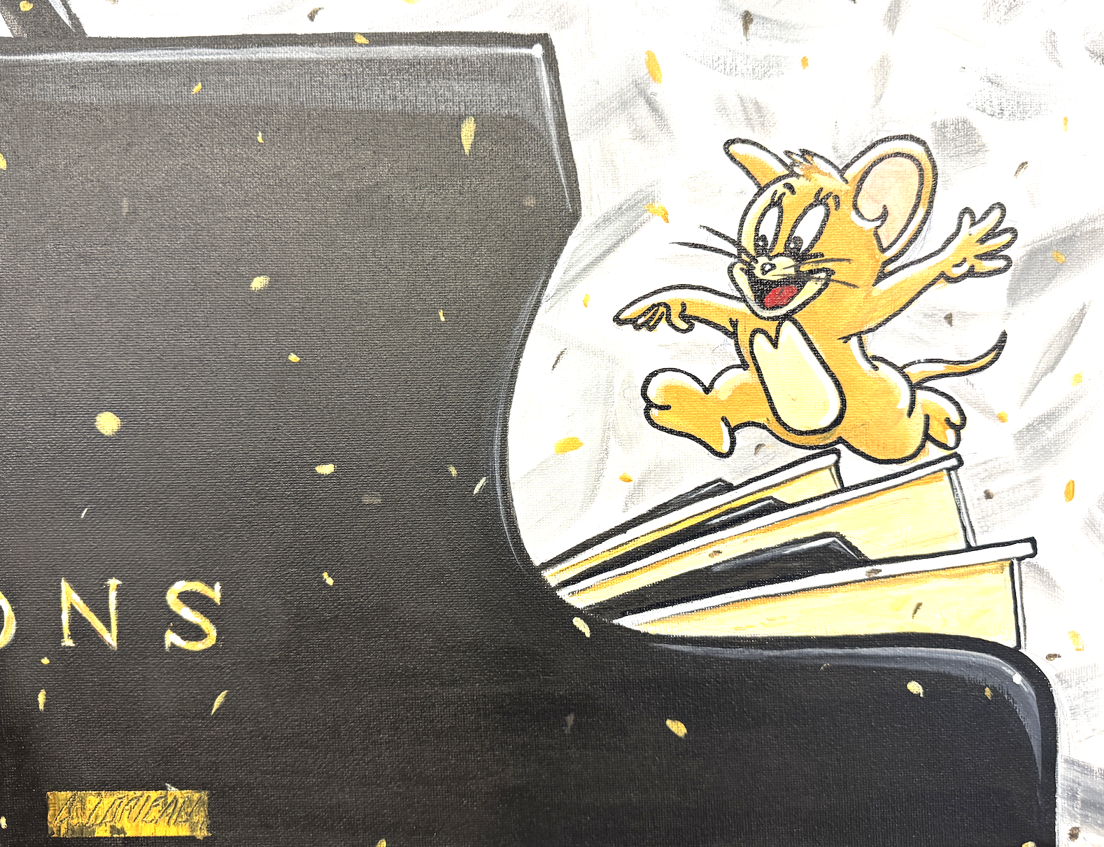 Alex Lorieau painting of Tom and jerry mouse jumping on piano keys