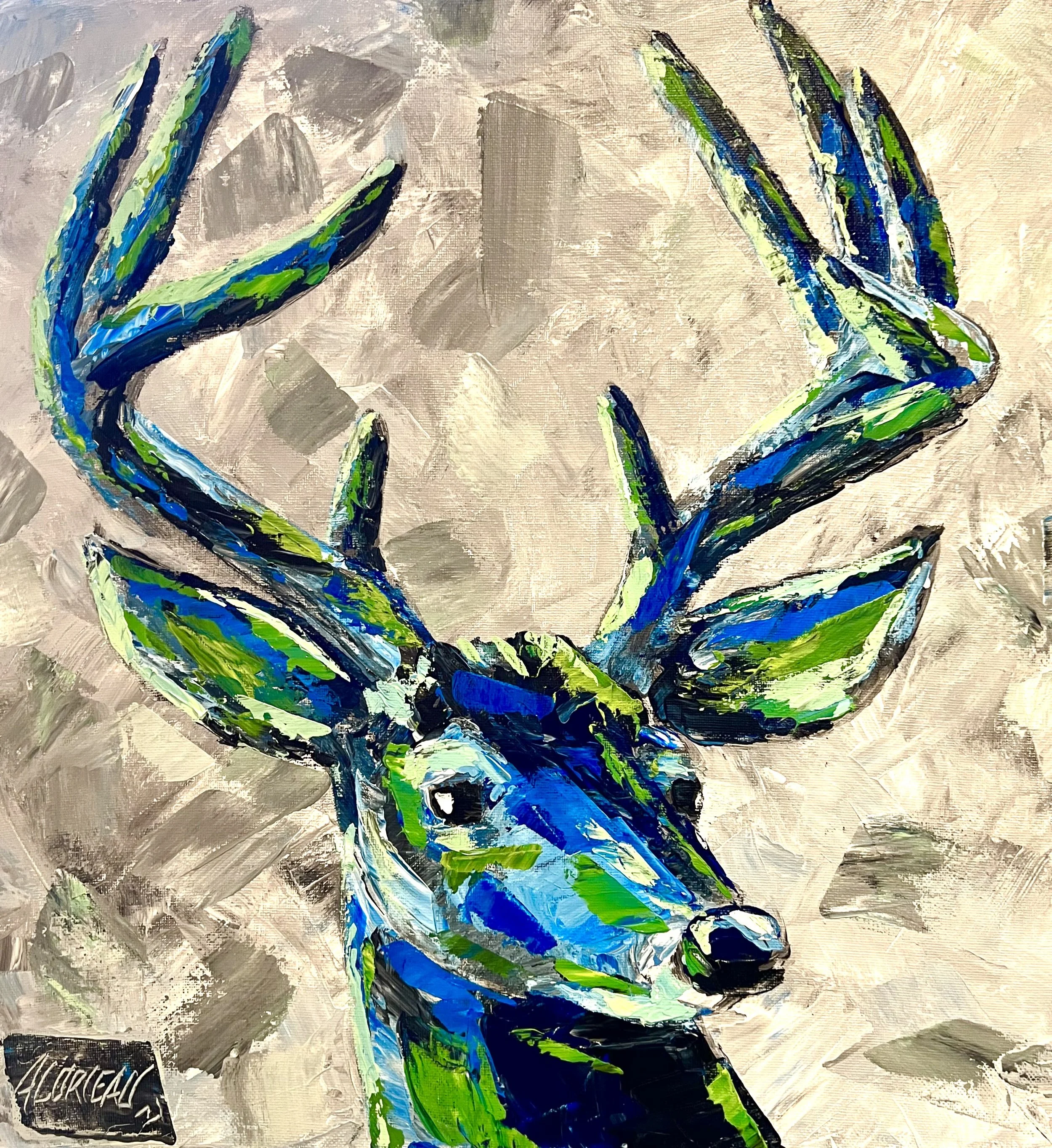 Deer Painting with green and blue highlights on grey background painted by palette knife by Alex Lorieau