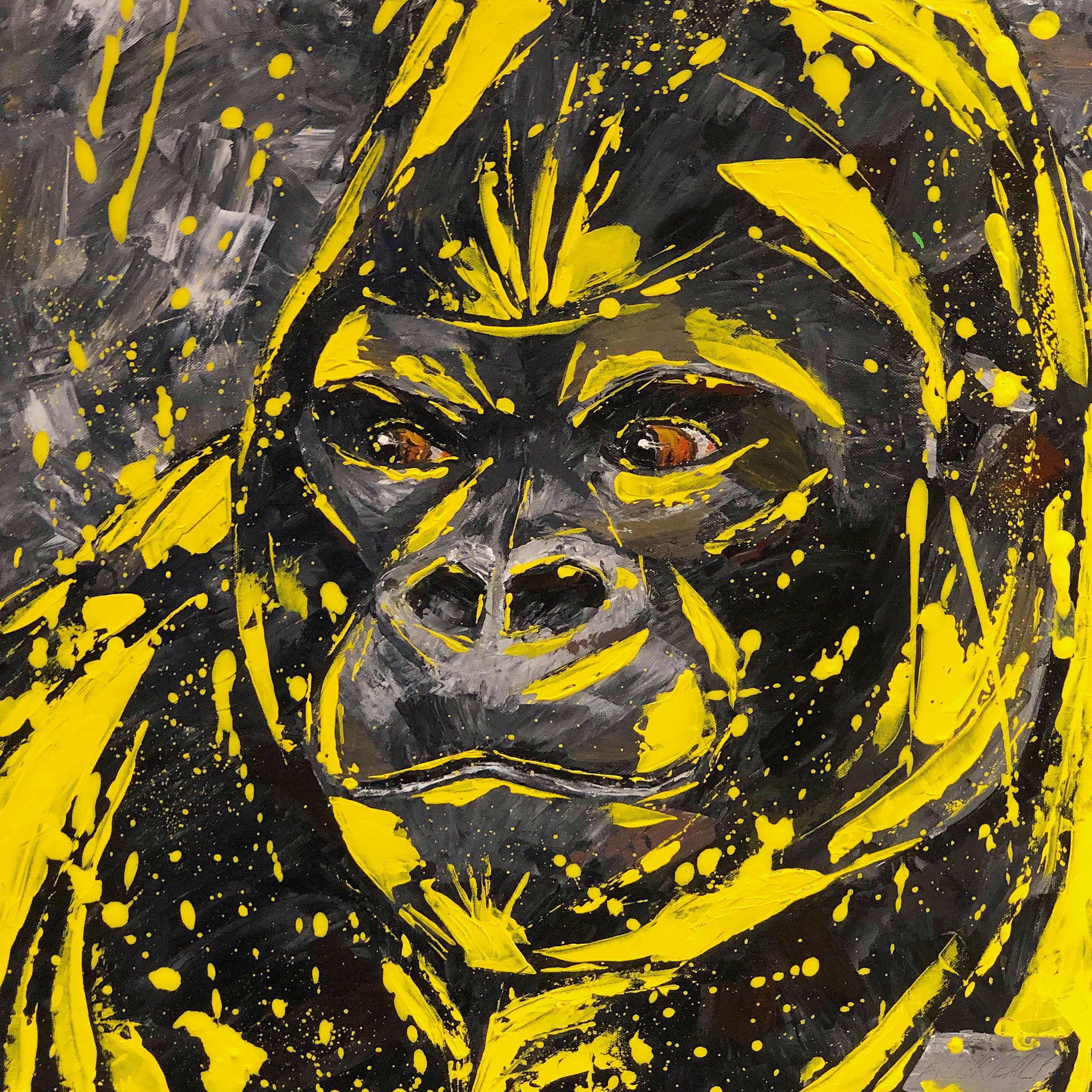 a gorilla portrait painting by Alex Lorieau with Yellow highlights.