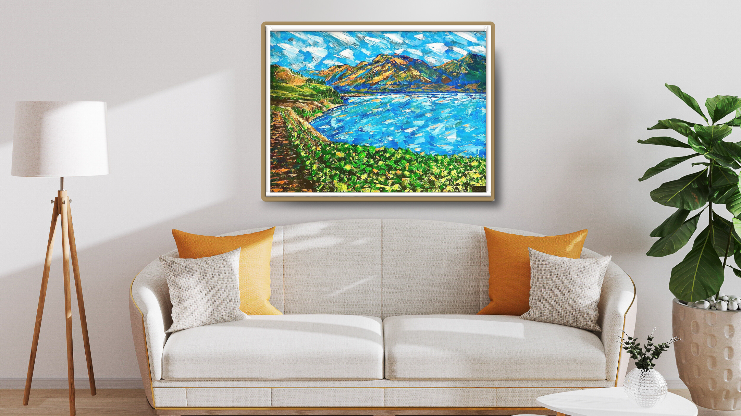 Naramata, Okanagan landscape painting by Alex Lorieau, framed in living room.  
