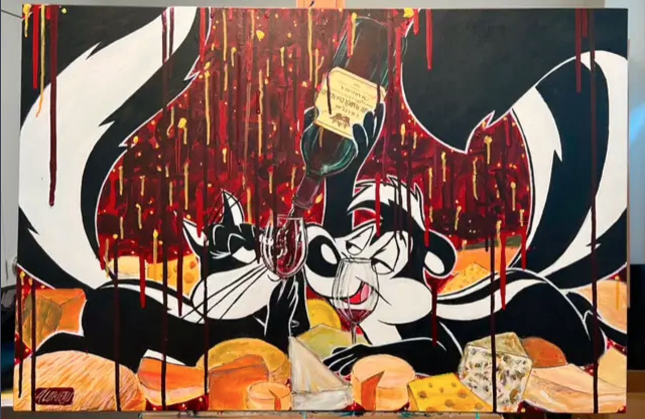 Pepe le pew serving a fine Margaux wine to his guest, surrounded by cheeses. 