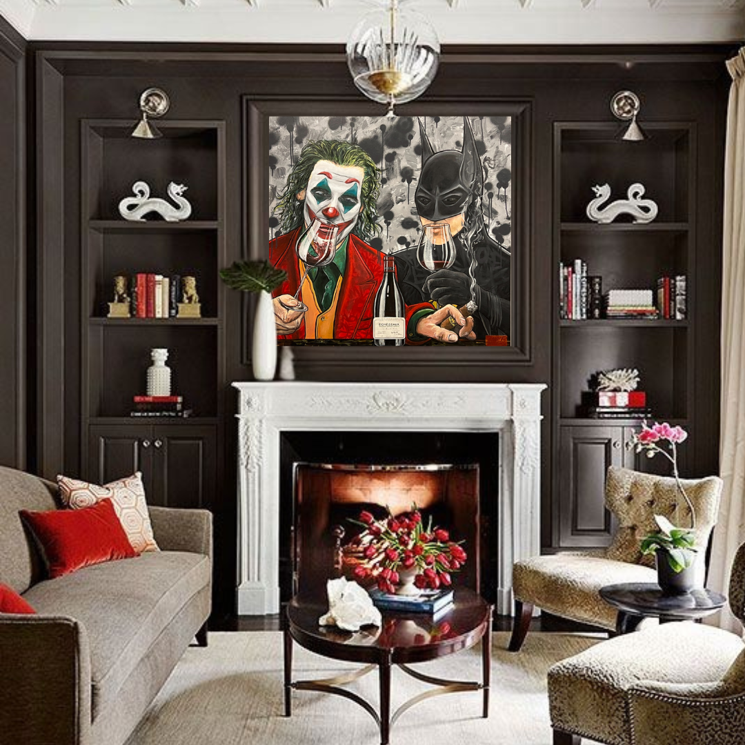 Alex Lorieau Wine Series painting of Joker & Batman enjoying a DRC wine pictured in a dark dark wall living room. 