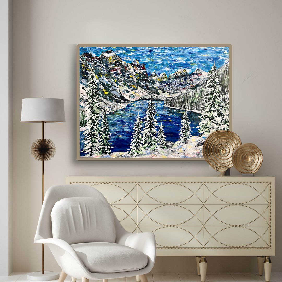 Alex lorieau painting of winter landscape of ten peaks and morraine lake in banff, alberta. 