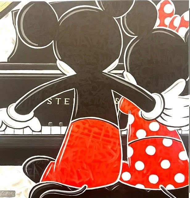 Alex Lorieau painting "Two Mice Play Nice" playing on a Steinway grand piano.