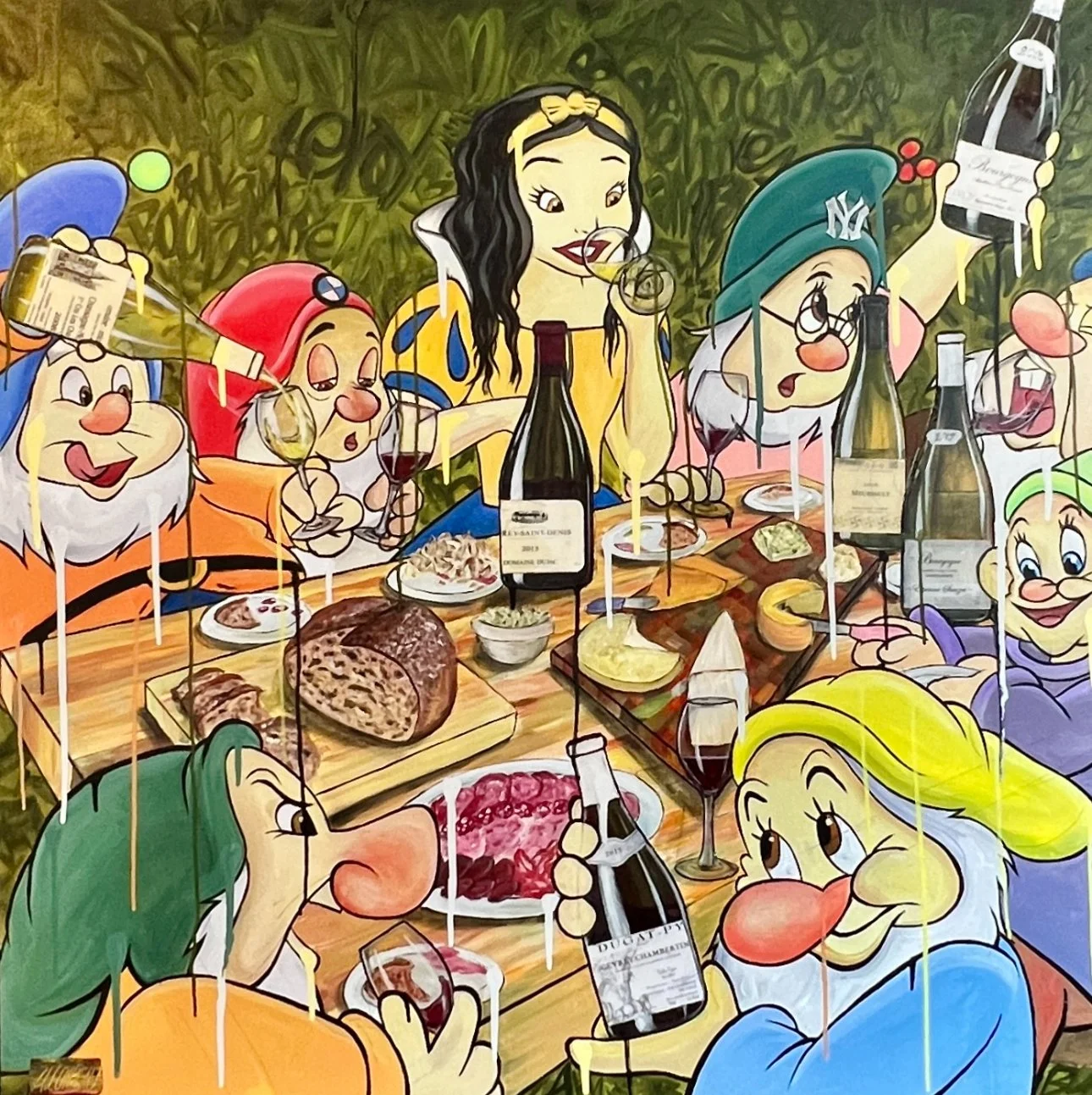 Alex Lorieau painting of Dwarves and Snow White enjoying Burgundy wines at the family dinner table. 