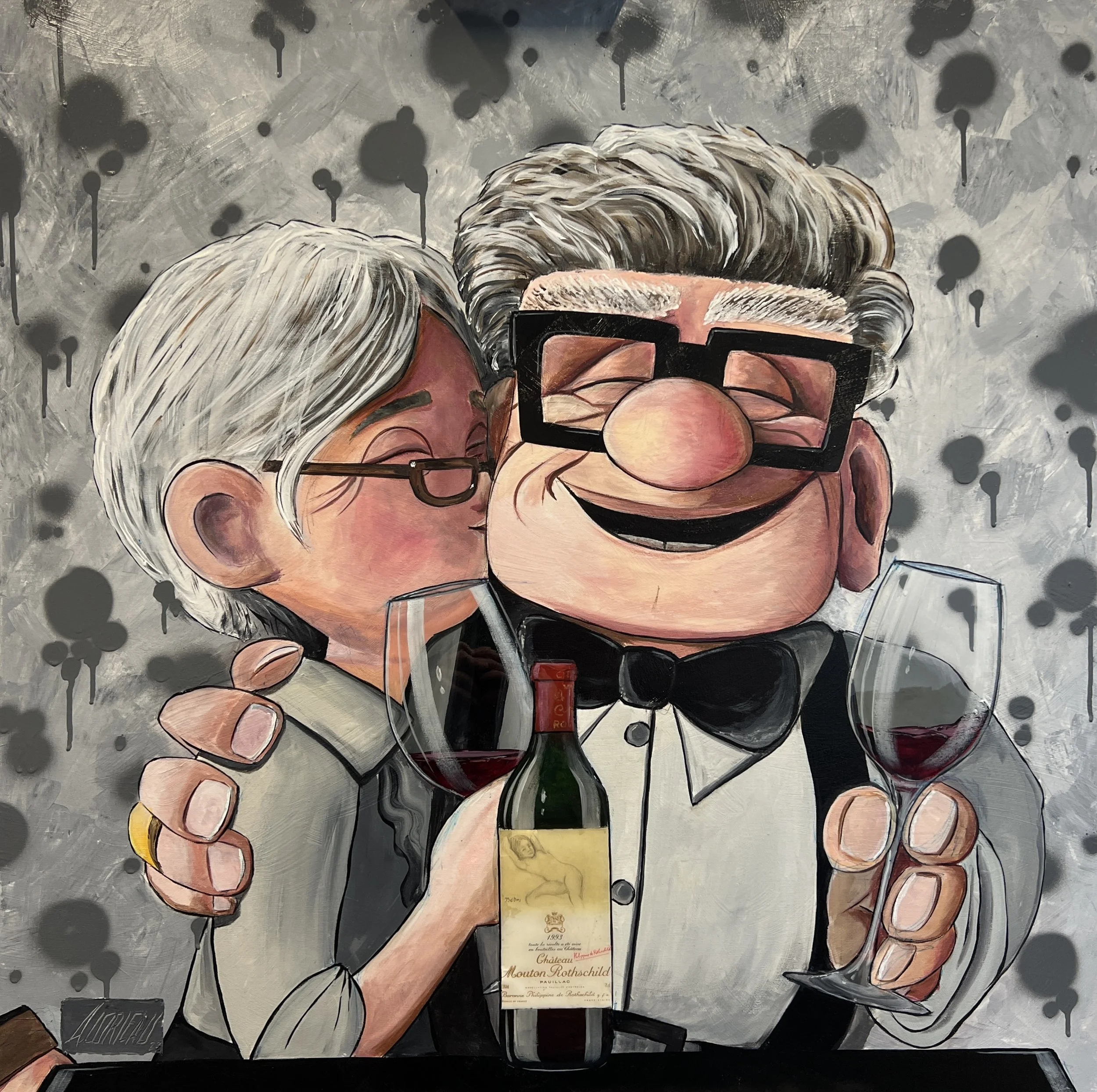 Alex Lorieau painting of Characters from Up Movie, enjoying Mouton Rothschild Bordeaux wine 