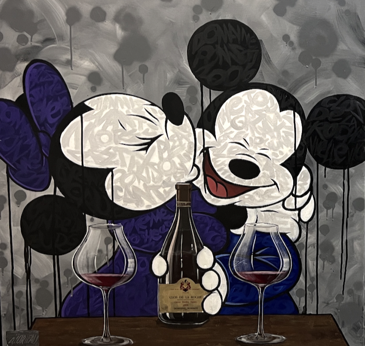 Alex Lorieau painting of Mickey and Minnie enjoying some fine wine, Clos de la Roche Laurent Ponsot. 