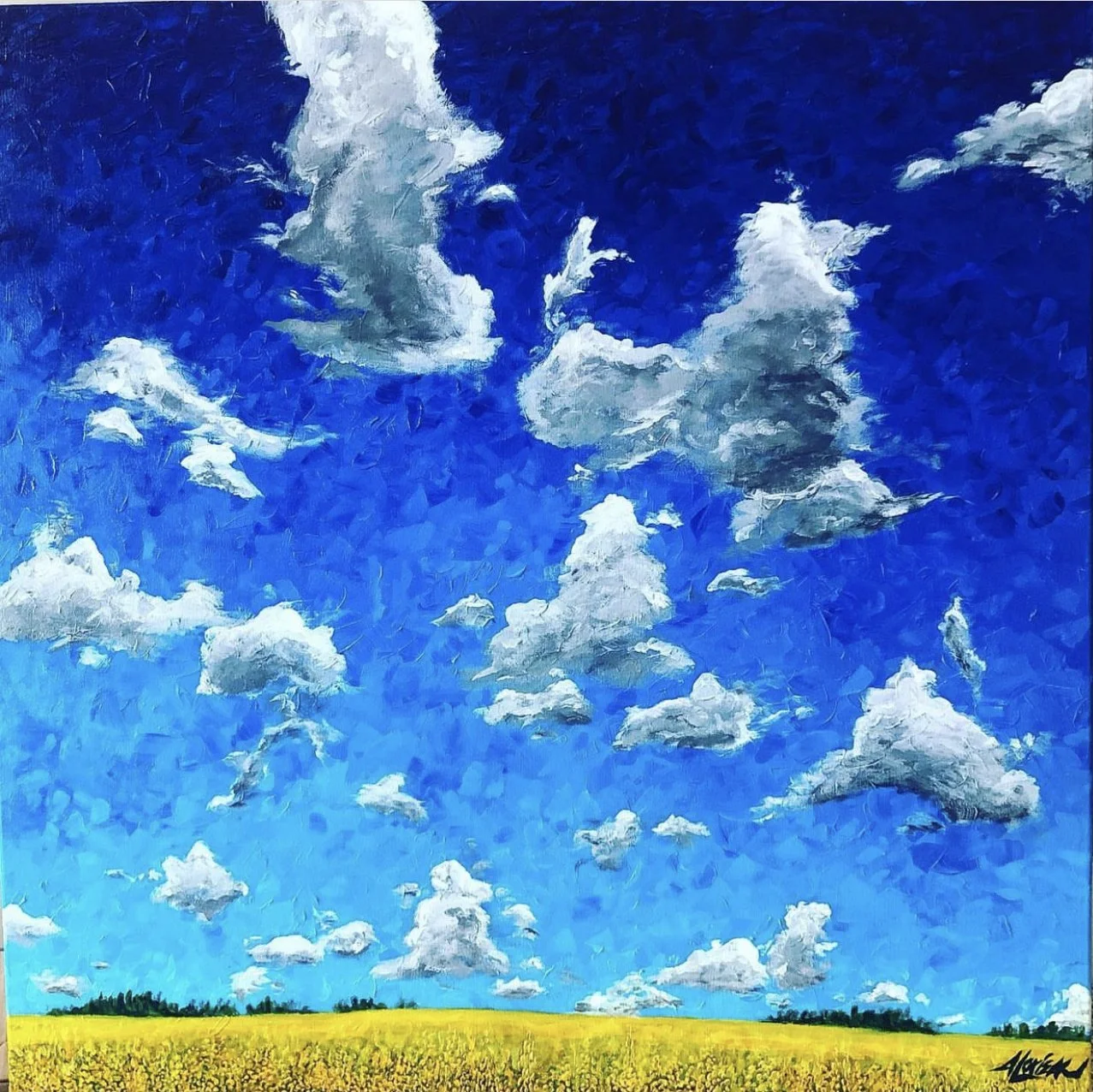 Alberta Prairies, blue sky and canola field Landscaoe painting by Alex Lorieau