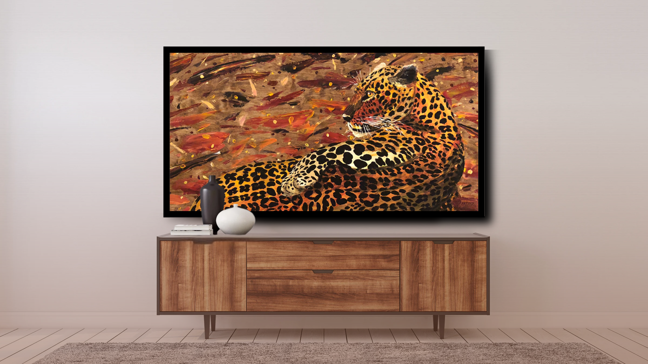 Alex Lorieau painting of a leopard posing, on solid wood panel. 