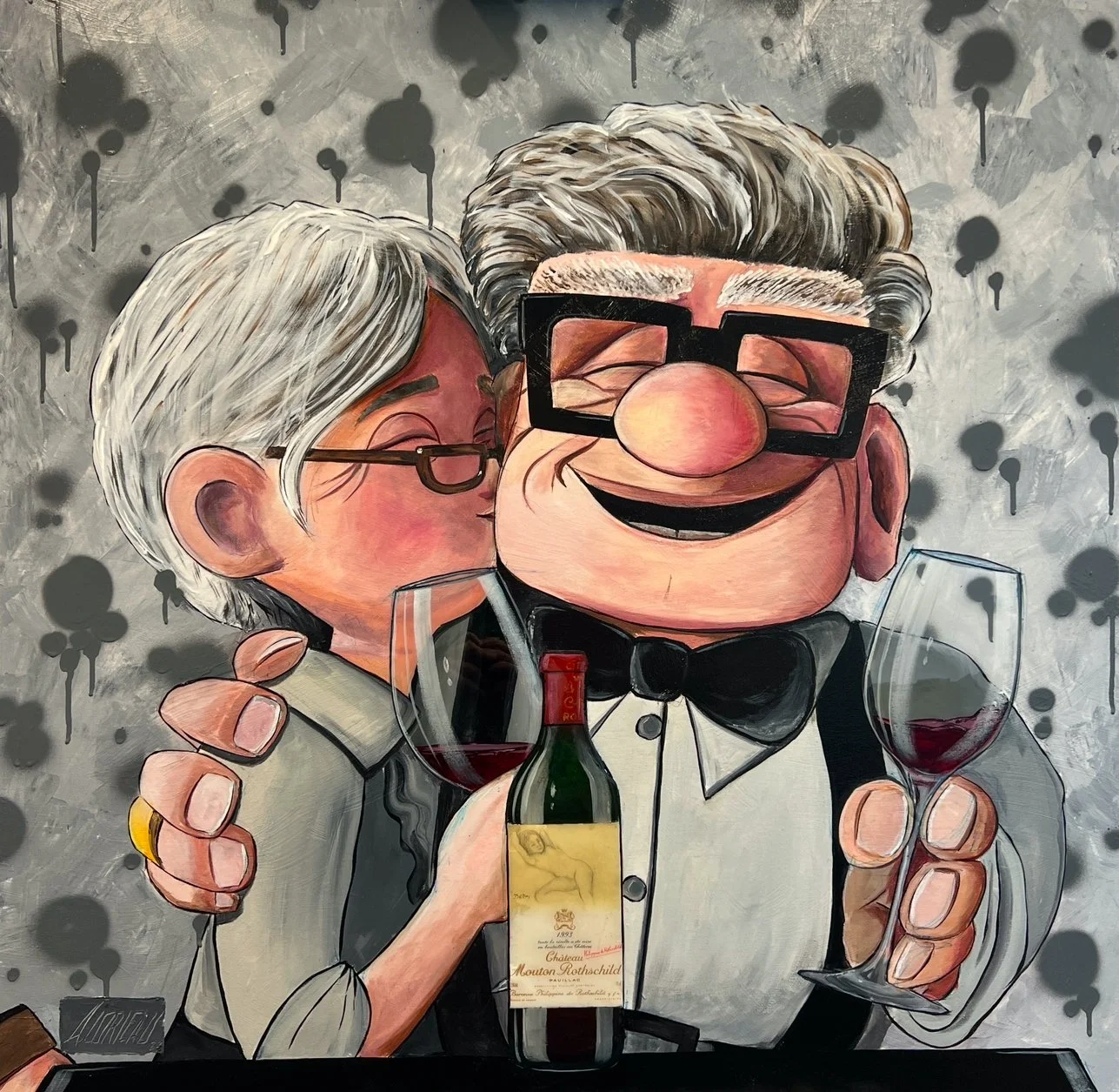Alex Lorieau painting of up characters enjoying bordeaux wine.