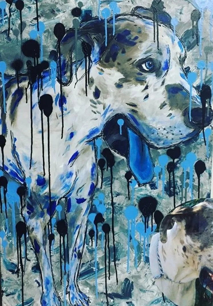 Great dane painting dog portrait with blue tones, urban style with blue and black aerosol/ spray paint drips by Alex Lorieau
