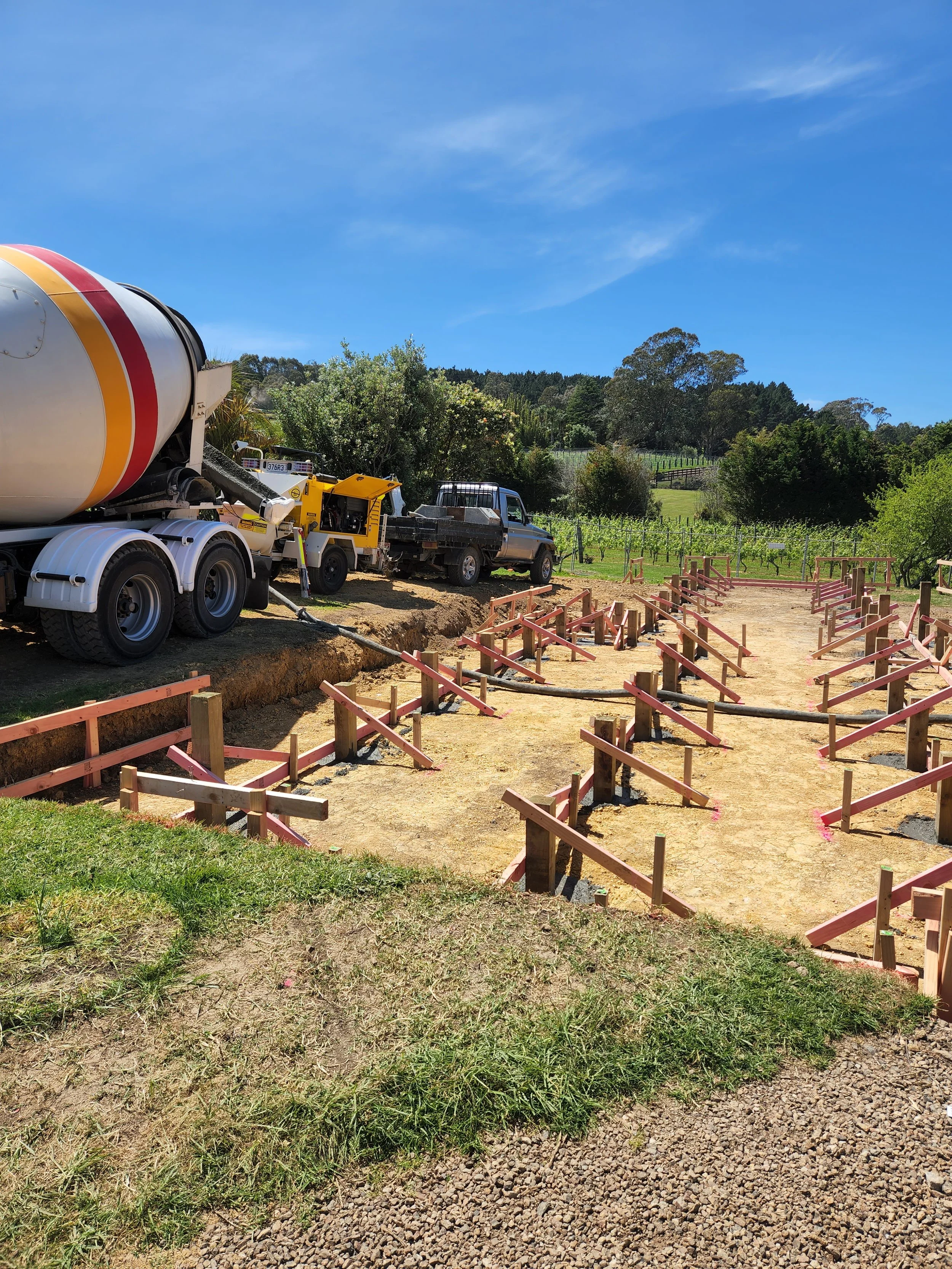 concrete pour for a timber file foundation on waiheke island